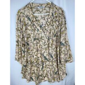 Rose + Olive Women 3X Beige Multicolor Peacock Floral Pintuck Blouse Boho Artsy